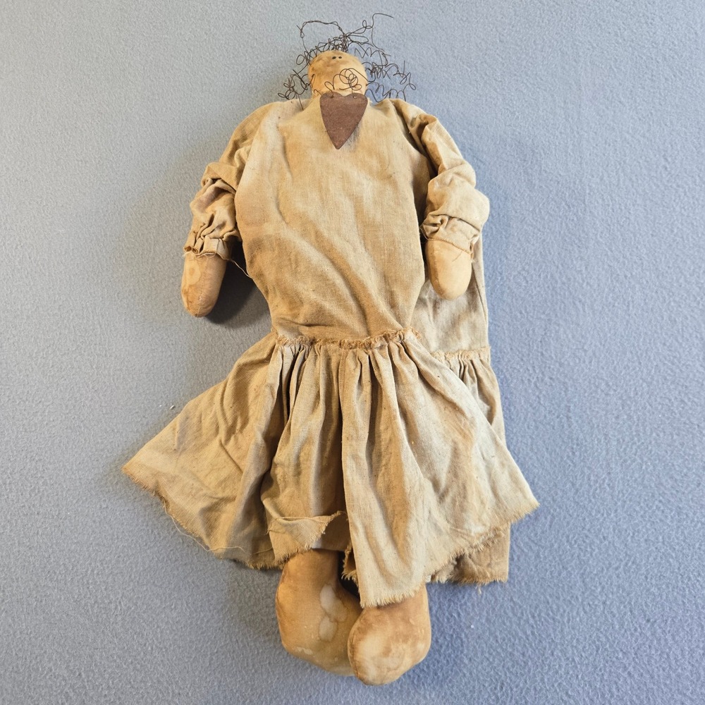 Unbranded Primitive Rag Doll Unisex 22in Tan Rustic Folk Art Wire Hair Heart